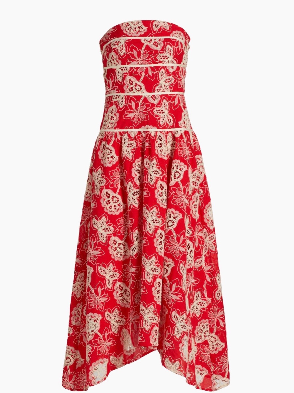 Ramy Brook Blanca Red Strapless Midi Dress with Cream Embroiderery